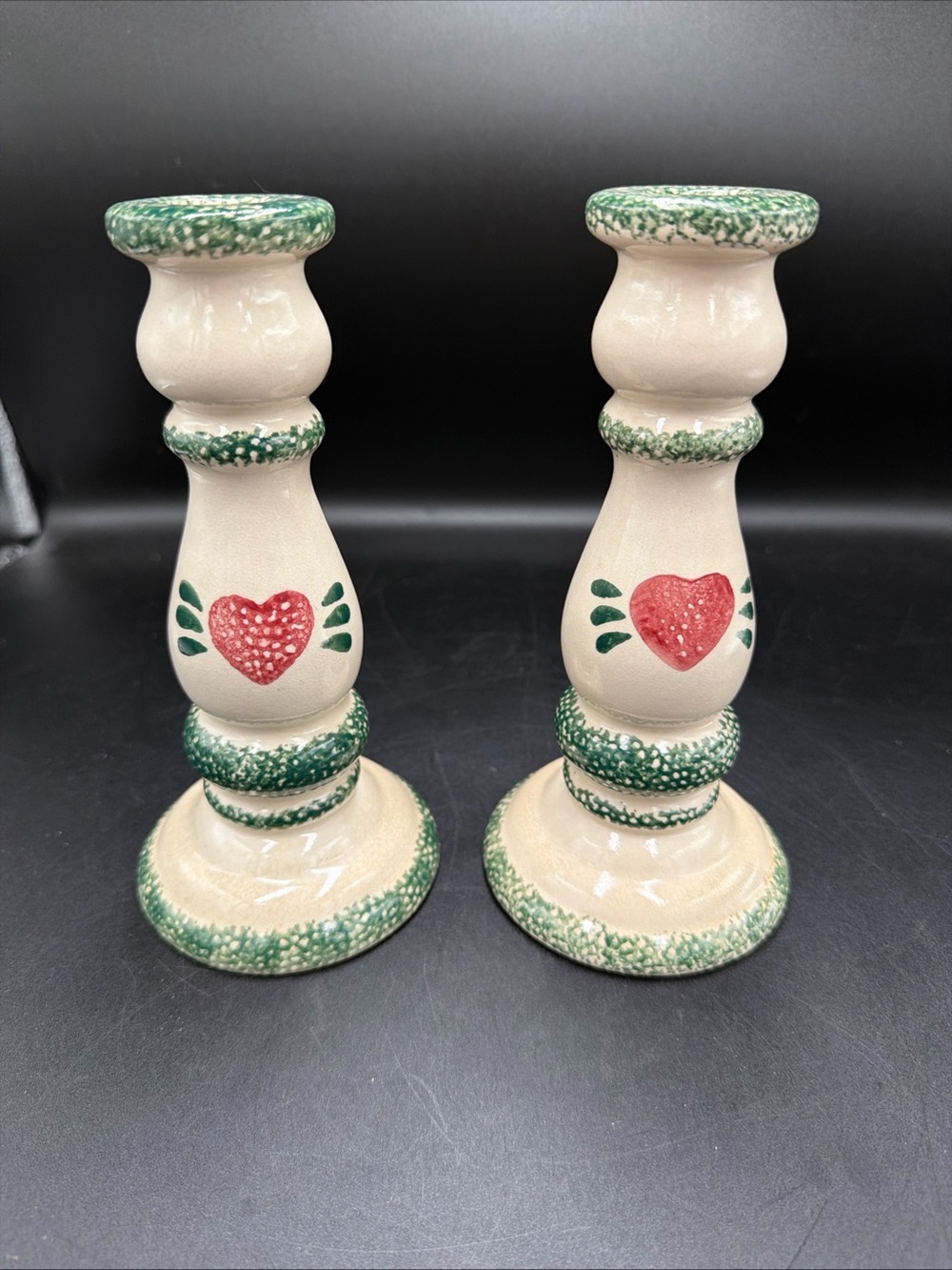 Vintage Ceramic Country Candle Holders Set Of 2 With Green & White Heart Design
